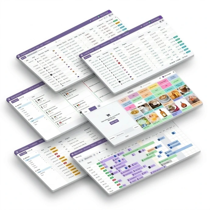 Aperçu des différents modules du logiciel AGIL-PMS : planning des réservations, point de vente (POS) hôtelier, gestion des chambres et rapports financiers.