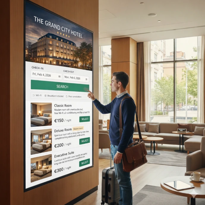Client utilisant Booking Engine en ligne AGIL-PMS sur une borne interactive dans le hall d'un hôtel de luxe.