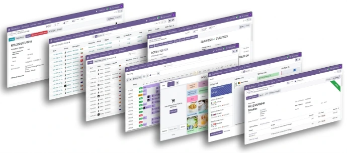 Présentation en cascade des différents modules du logiciel hôtelier AGIL-PMS : gestion des réservations, facturation, planning des chambres et point de vente.