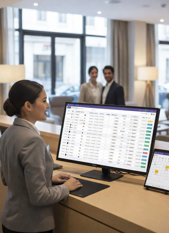 Réceptionniste utilisant le module Réservations du logiciel AGIL-PMS pour gérer l'arrivée de clients dans un hôtel.