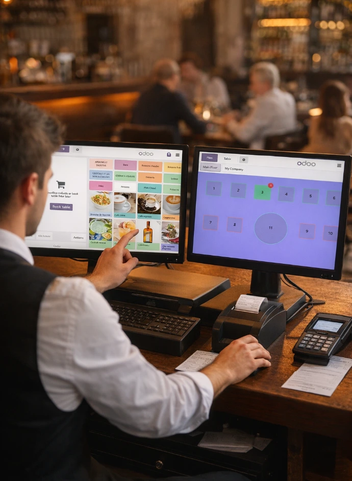 Serveur utilisant le système de point de vente (POS) AGIL-PMS pour la gestion des commandes et du plan de salle d'un restaurant d'hôtel.