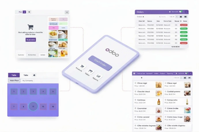 Interface de prise de commande mobile AGIL-PMS sur tablette avec gestion du plan de salle et menu digital.