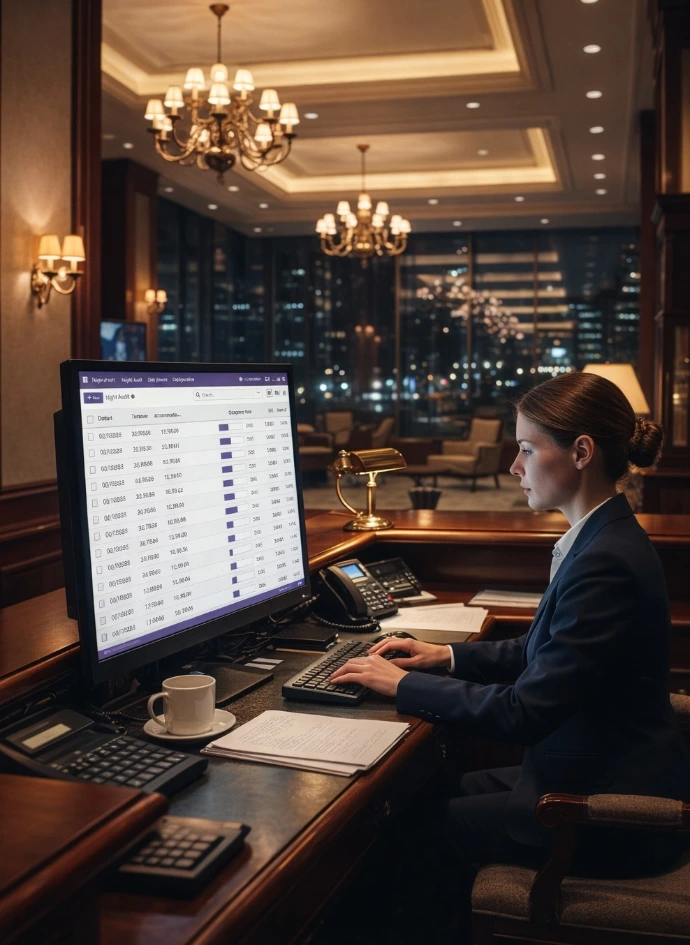 Auditeur de nuit effectuant l'audit nocturne et la clôture de journée sur le logiciel AGIL-PMS.