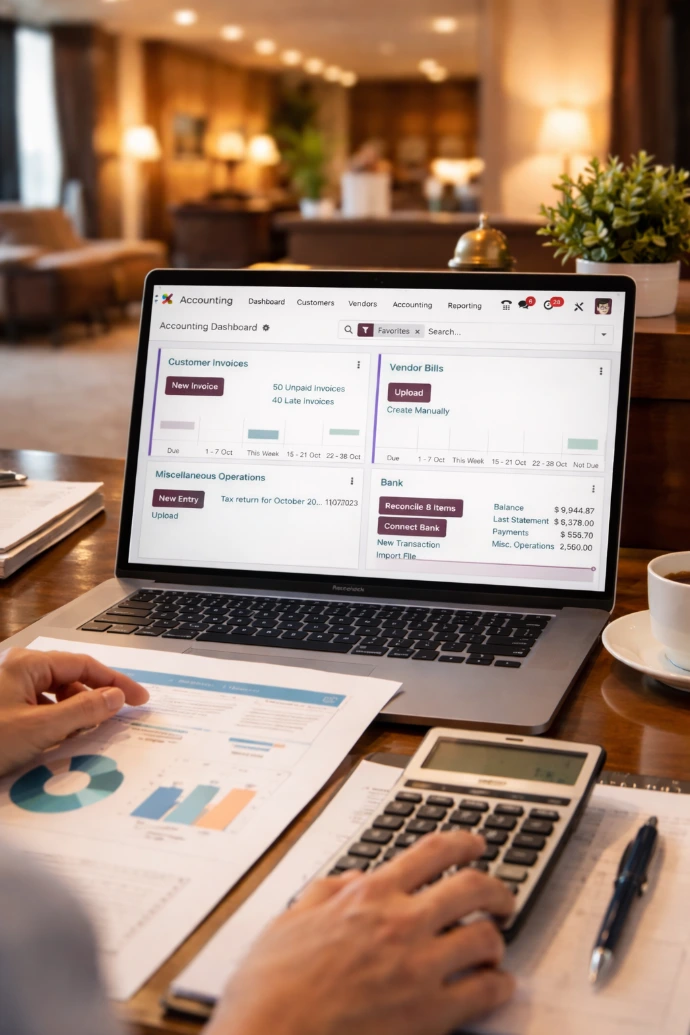 Utilisation du tableau de bord financier AGIL-PMS sur ordinateur avec suivi des factures clients, fournisseurs et rapprochement bancaire.