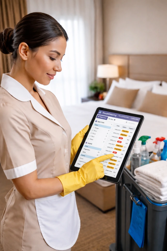 Femme de chambre d'hôtel utilisant le module Housekeeping d'AGIL-PMS sur tablette pour mettre à jour le statut des chambres en temps réel.