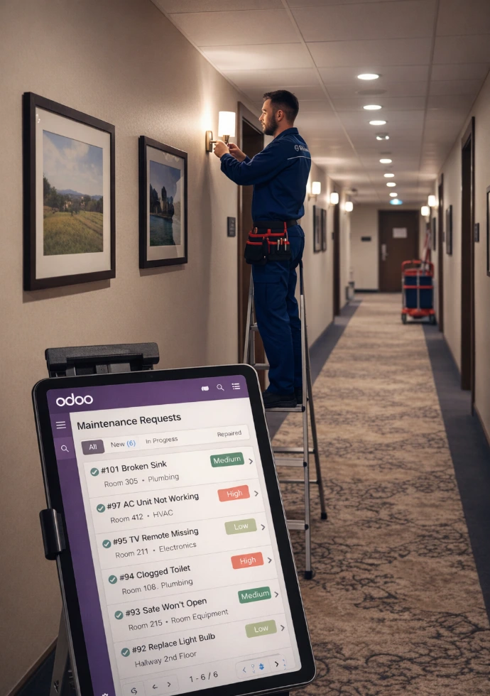Technicien hôtelier effectuant une réparation tandis que le logiciel AGIL-PMS affiche les demandes de maintenance en attente sur une tablette.