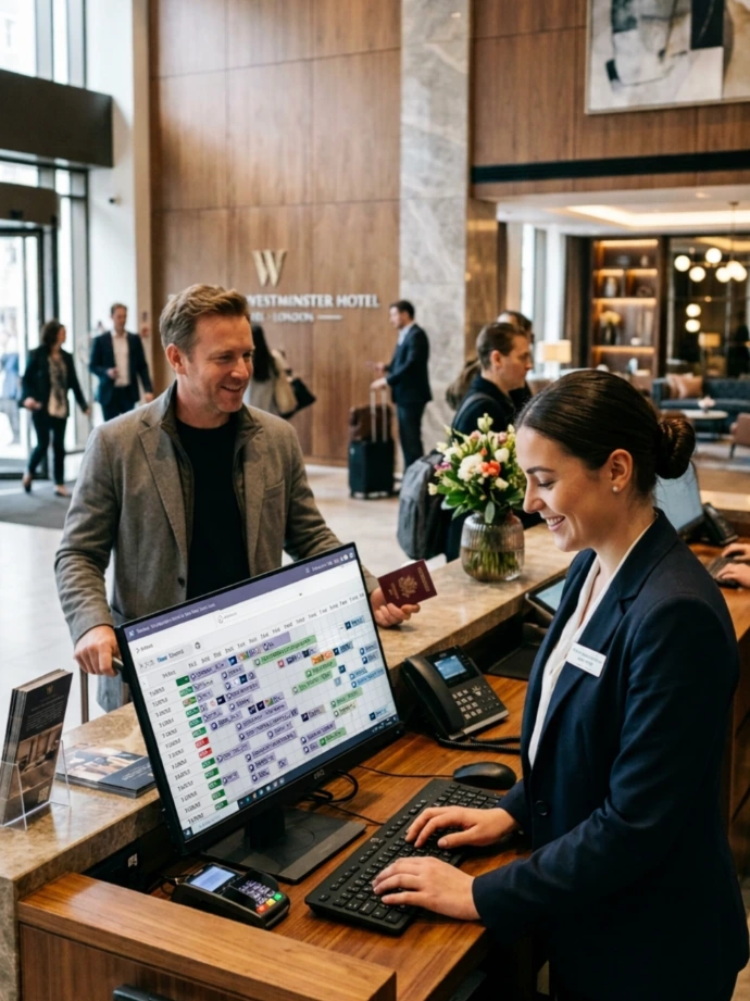 Réceptionniste accueillant un client tout en consultant le planning des réservations sur AGIL-PMS.