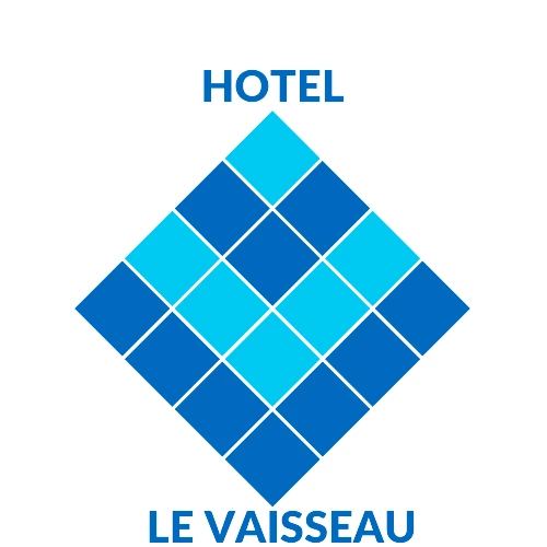 Logo de l'Hôtel Le Vaisseau composé d'un losange en mosaïque de carreaux bleus.