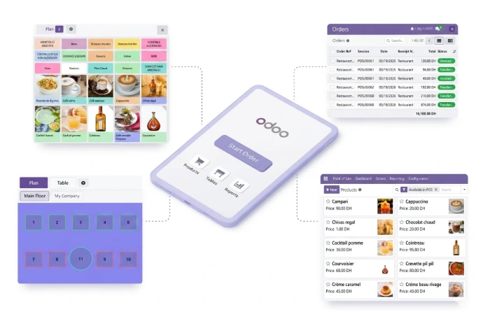 Interface de prise de commande mobile AGIL-PMS sur tablette avec gestion du plan de salle et menu digital.