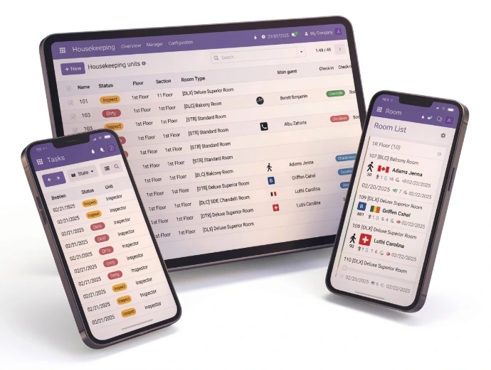 Interface du logiciel de housekeeping hôtelier sur tablette et smartphone