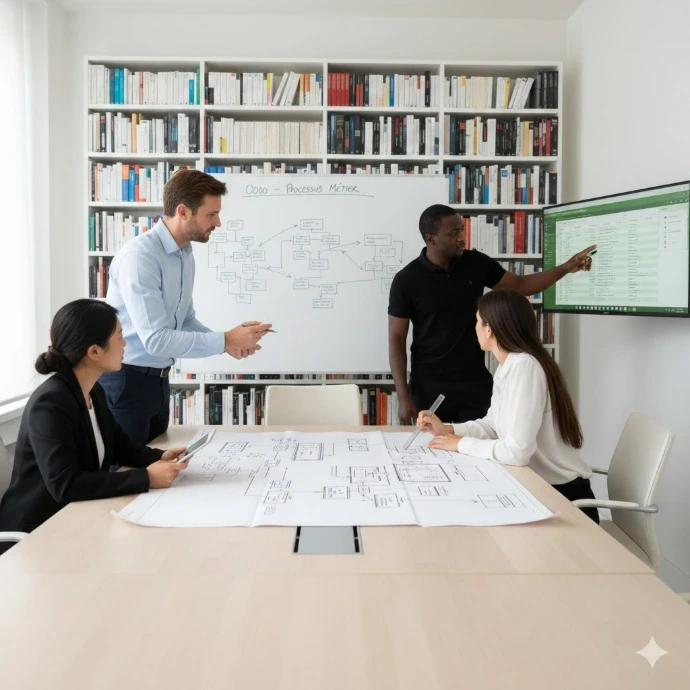 Équipe de consultants professionnels en réunion analysant un diagramme de processus métier (OCD0) sur tableau blanc et grand écran.