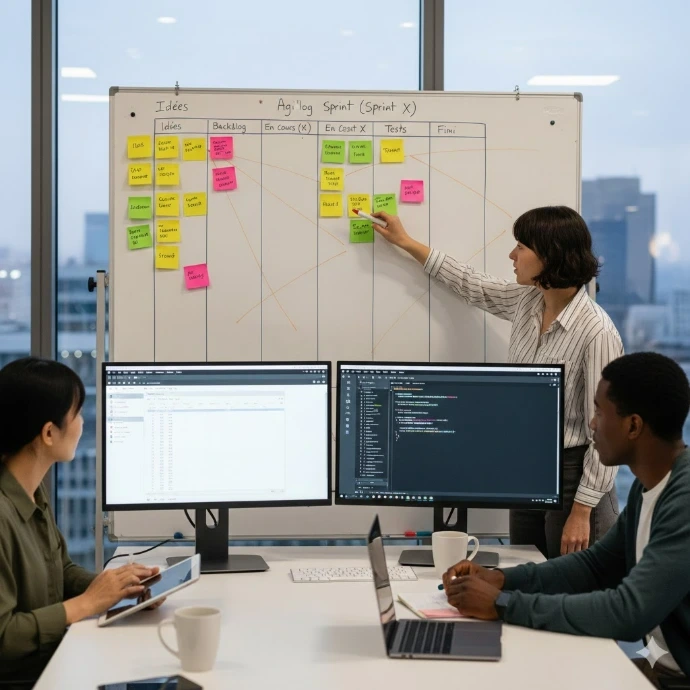 Équipe de développeurs utilisant un tableau de bord Agile avec post-its pour la gestion d'un Sprint de projet informatique.