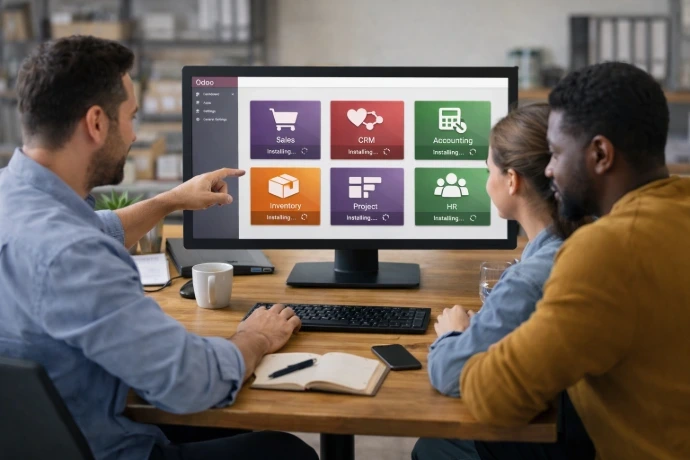 Équipe technique configurant les modules Sales, CRM et Inventory sur l'interface Odoo pour une gestion d'entreprise optimisée.