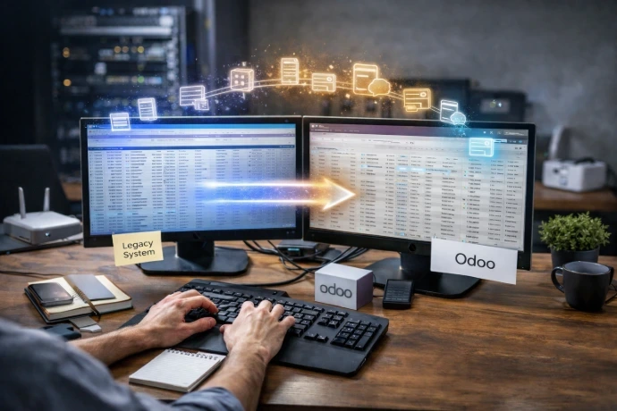 Représentation visuelle d'une migration de données sécurisée depuis un 'Legacy System' vers le logiciel ERP Odoo.