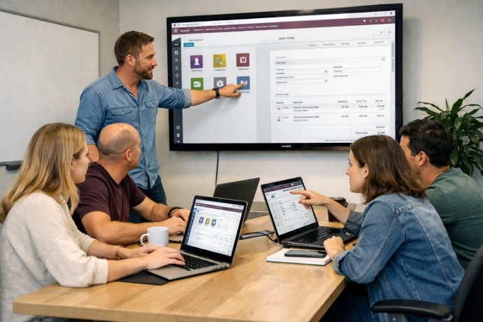 Équipe de travail collaborant sur l'interface Odoo Ventes lors d'une session de formation pratique, avec un Bon de Commande affiché sur grand écran.