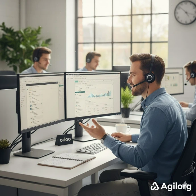 Un agent de support technique souriant d'Agilorg utilise l'interface Odoo sur deux écrans pour aider un client par téléphone.