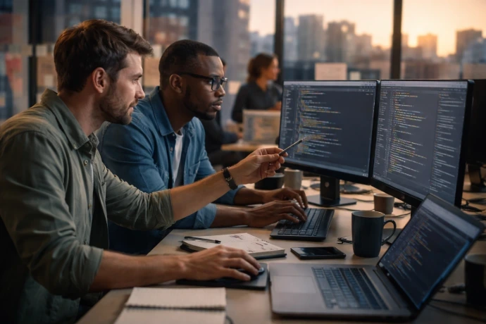 Deux développeurs travaillant sur le code Python d'un module Odoo personnalisé.