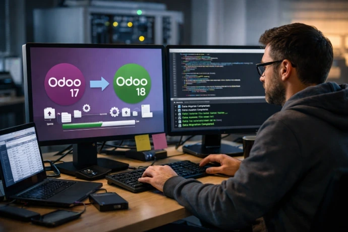 Développeur expert réalisant une migration de version d'Odoo 17 vers Odoo 18.