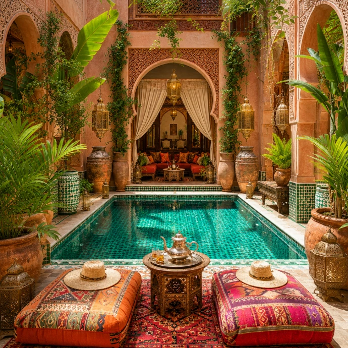A luxurious traditional Moroccan Riad courtyard with a central pool and seating area, highlighting boutique property management systems eligible for Go Siyaha funding.