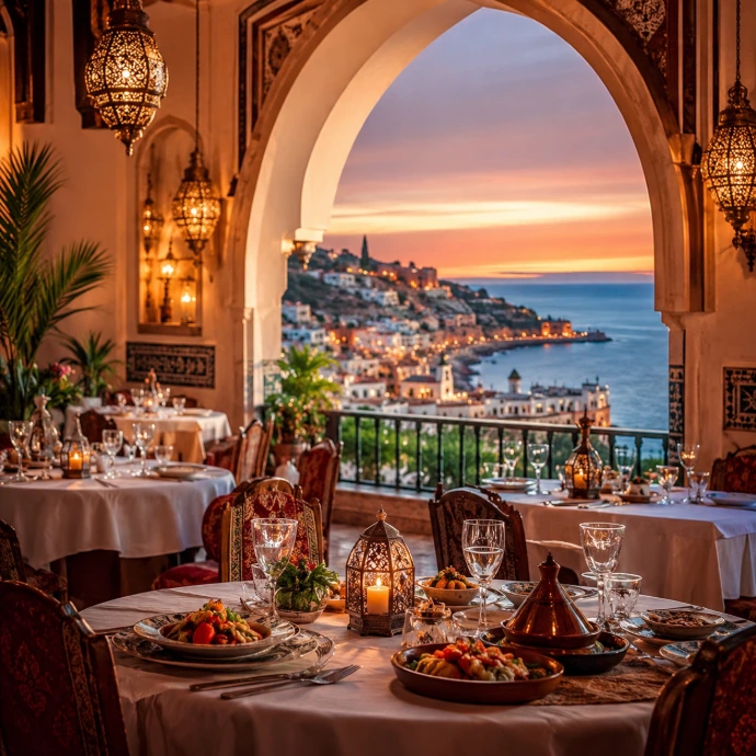 A luxury Moroccan restaurant overlooking a coastal town at sunset, representing the integrated Odoo Restaurant POS and gastronomy management modules of AGIL-PMS.