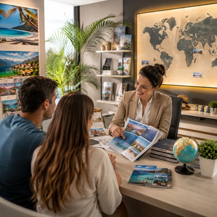 A professional travel agent presenting tour packages to clients, showcasing tailored Odoo ERP software solutions for Moroccan travel agencies under the Go Siyaha framework.