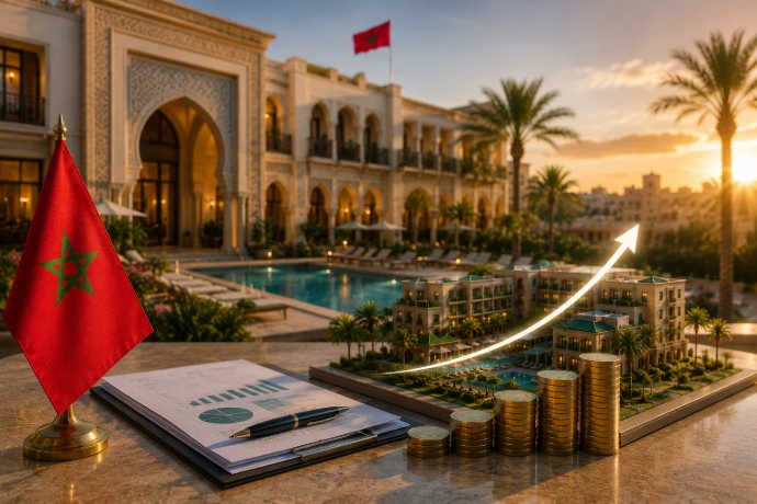 A luxury Moroccan resort overview next to financial growth charts, illustrating up to 90% cost coverage by the Go Siyaha government program.