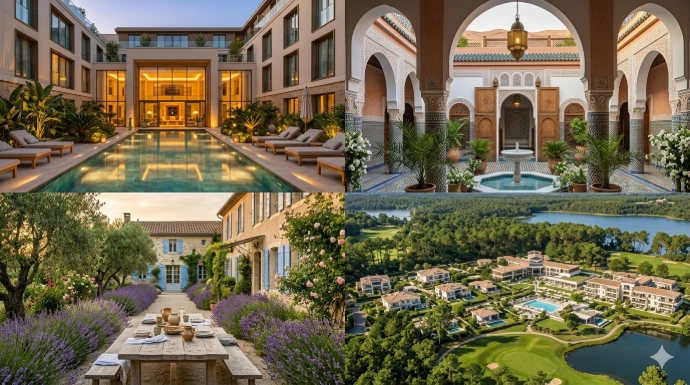 A grid showcasing diverse properties, from boutique Moroccan Riads to luxury beach resorts, all eligible for AGIL-PMS deployment subvention.