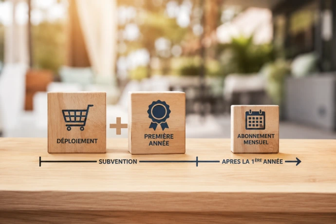 Wooden blocks displaying a clear timeline where the Go Siyaha subvention covers deployment and the first year before standard monthly subscription.