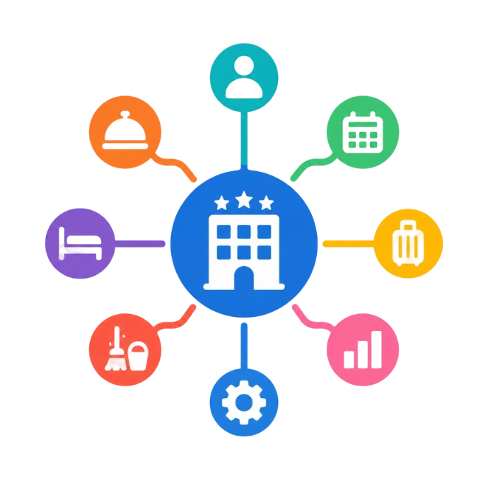 An all-in-one hotel management system wheel powered by Odoo ERP, centralizing reservations, reception, POS, housekeeping, and reporting.