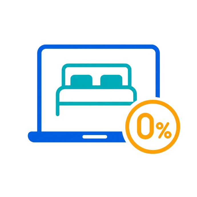 A laptop displaying zero percent commission icon, representing direct bookings maximization through the integrated AGIL-PMS Booking Engine.