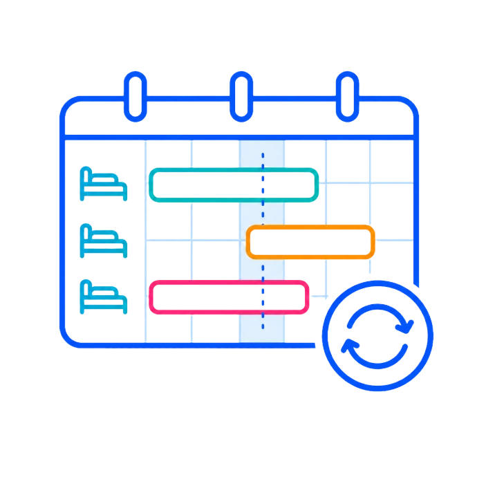 An interactive calendar interface showing real-time room allocation, drag-and-drop planning, and automatic synchronization of guest check-ins.