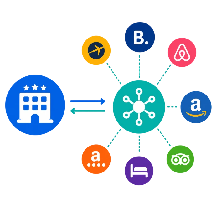 A central hub infographic illustrating real-time synchronization with over 200 channels using the powerful AGIL-PMS Channel Manager.