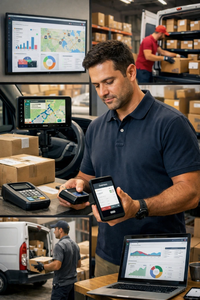 Chauffeur-livreur validant une transaction sur terminal mobile avec l'application AGIL-Service connectée à Odoo, entouré de visuels d'optimisation de tournées, de préparation de colis et de tableaux de bord logistiques.