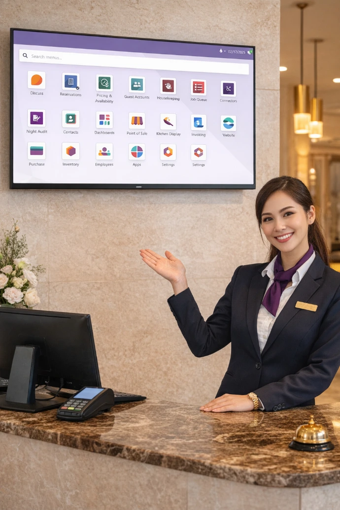 Réceptionniste d'hôtel présentant l'interface du logiciel de gestion hôtelière tout-en-un AGIL-PMS propulsé par Odoo avec ses modules Reservations, Housekeeping et Guest Accounts.
