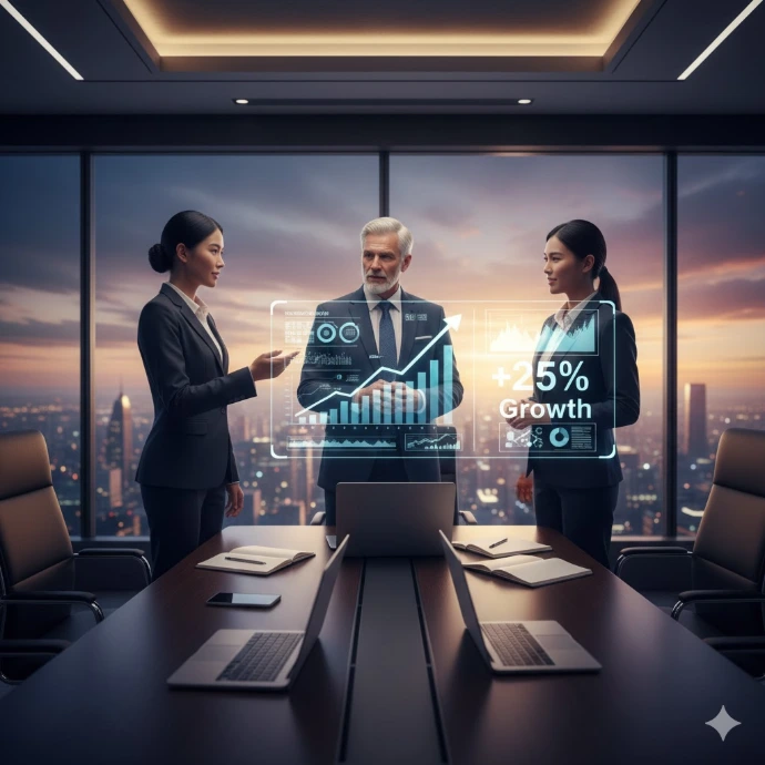 Réunion stratégique d'un partenaire Odoo présentant un tableau de bord de croissance d'entreprise et d'optimisation du ROI.